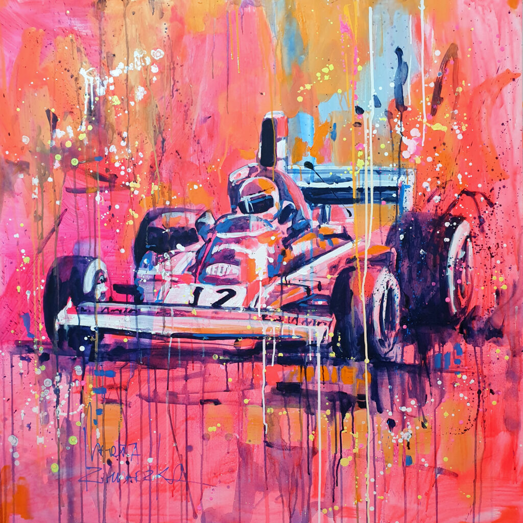 Marta Zawadzka e218 Niki Lauda Driving a Ferrari 110x110cm 2025
